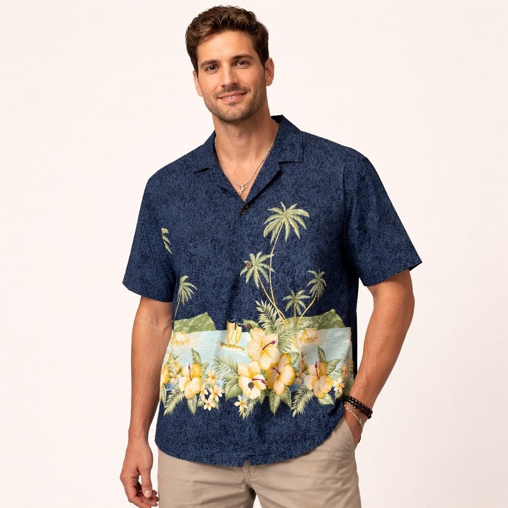 VTG Winnie Fashion Mens Hawaiian Button Up Vacation Summer Beach Floral Large